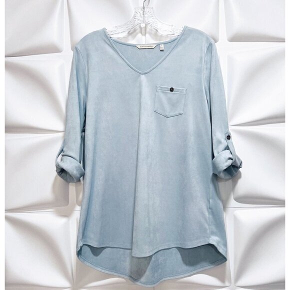 Soft Surroundings Sz S Blue Faux Suede Leather Tunic Top Blouse V Neck Roll Tab - Picture 5 of 9